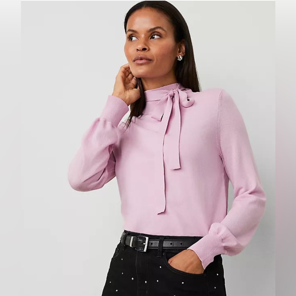 Ann Taylor Tie Neck Puff Sleeve Sweater, Lilac Pink, Size Large
